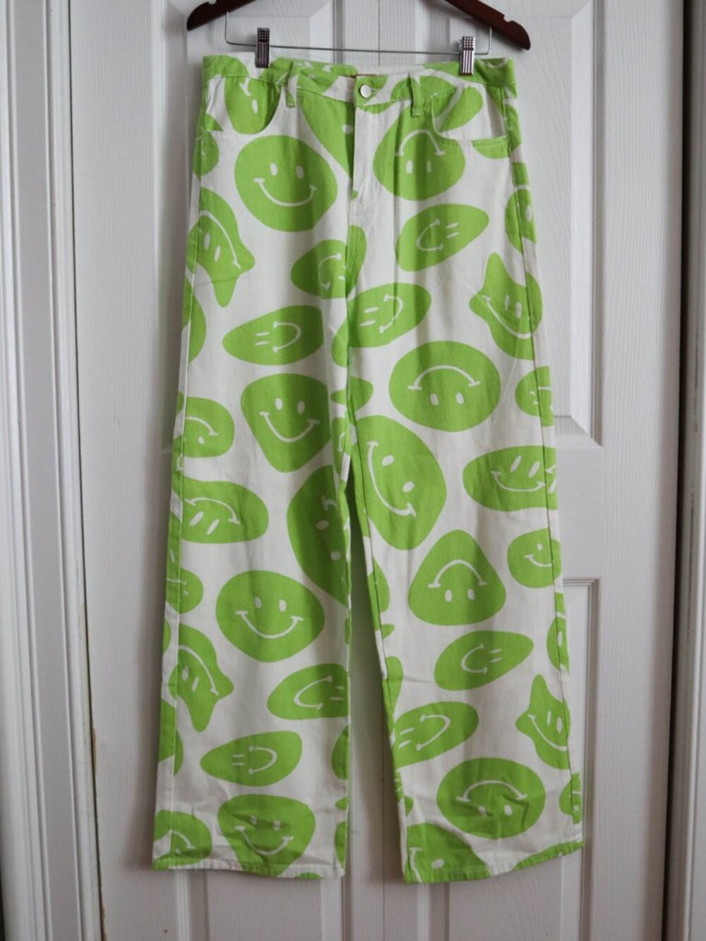 Bailey Rose Smiley Face All Over Print Wide Leg Jeans Pants Sz 12 Large Groovy